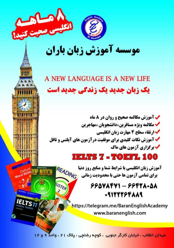 دوره کامل و یادگیری تضمینی زبان انگلیسی در ۸ ماه